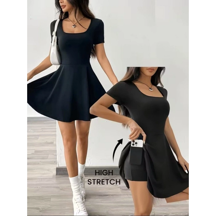 MARSiLYAN- Kadın Kısa Kollu Kare Yakalı Cep Detaylı Dalgıç Elbise Tulum