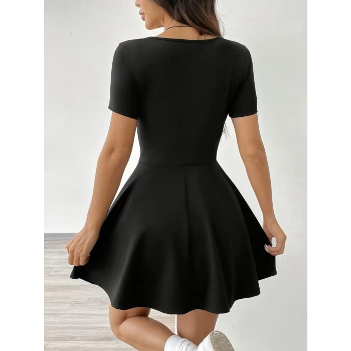 MARSiLYAN- Kadın Kısa Kollu Kare Yakalı Cep Detaylı Dalgıç Elbise Tulum