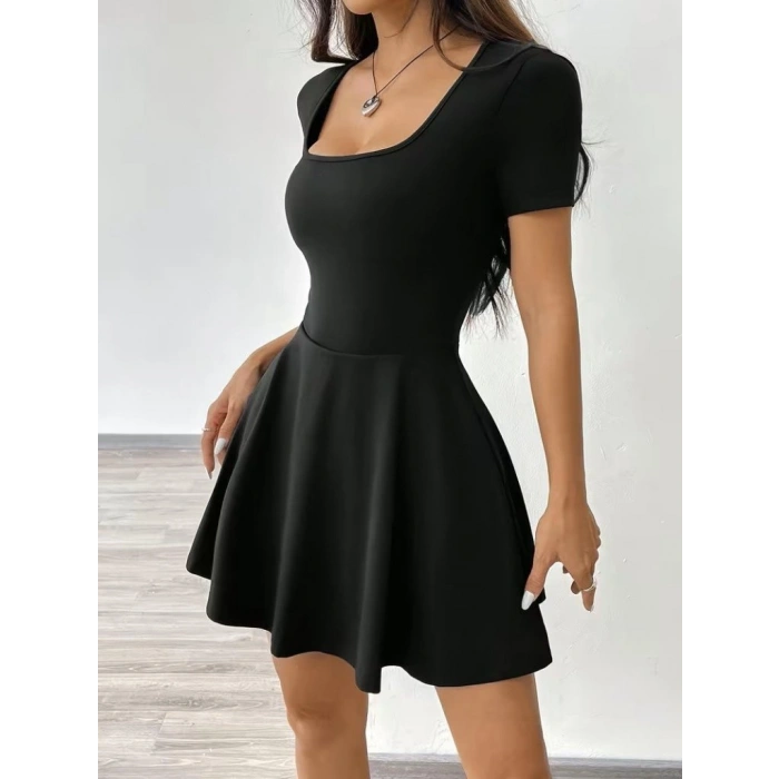 MARSiLYAN- Kadın Kısa Kollu Kare Yakalı Cep Detaylı Dalgıç Elbise Tulum