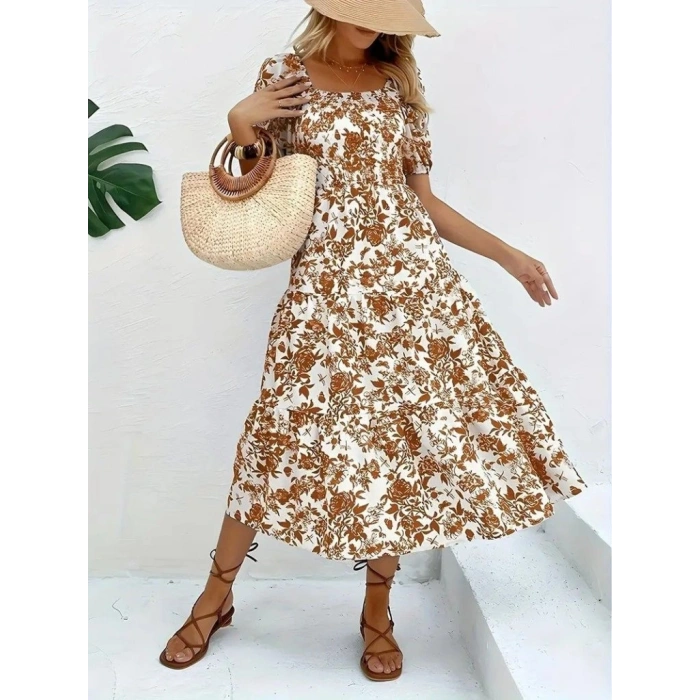 MARSiLYAN- Kadın Kısa Kollu Kare Yakalı Lastikli Desenli Süprem Elbise