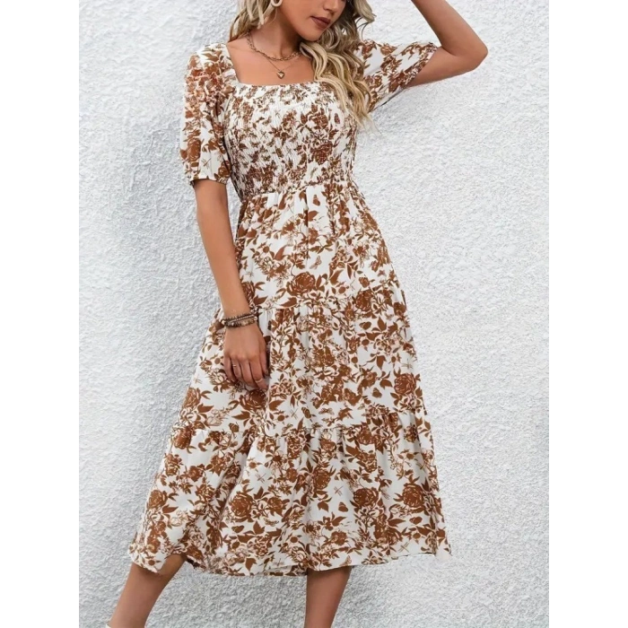 MARSiLYAN- Kadın Kısa Kollu Kare Yakalı Lastikli Desenli Süprem Elbise