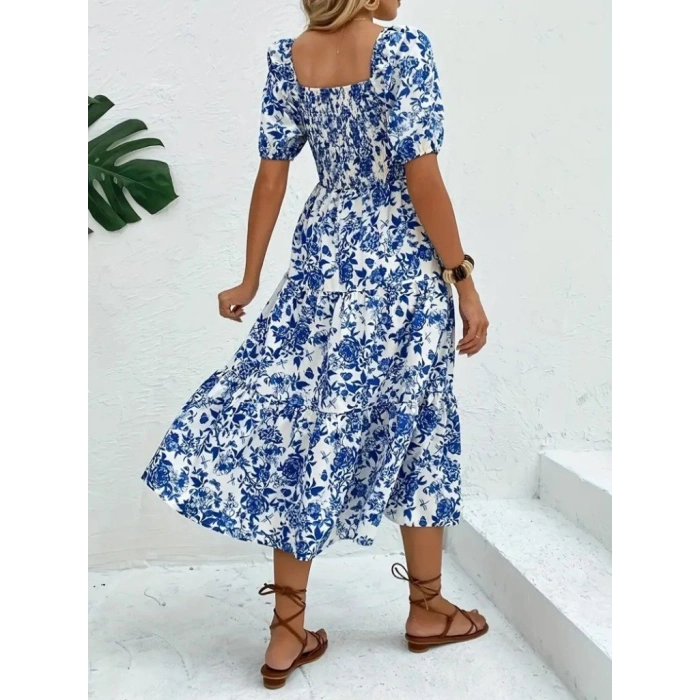 MARSiLYAN- Kadın Kısa Kollu Kare Yakalı Lastikli Desenli Süprem Elbise