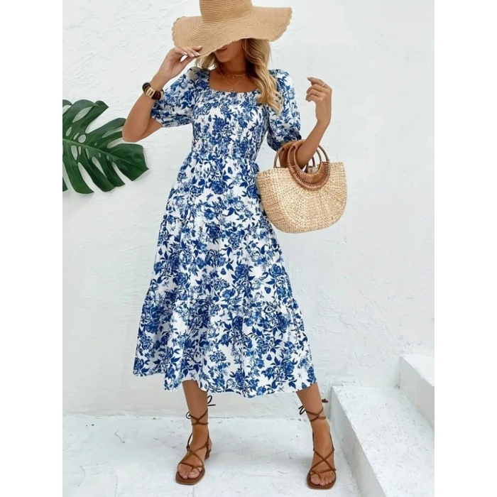 MARSiLYAN- Kadın Kısa Kollu Kare Yakalı Lastikli Desenli Süprem Elbise