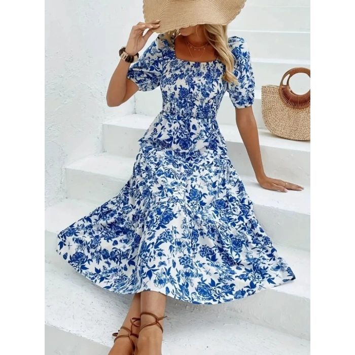 MARSiLYAN- Kadın Kısa Kollu Kare Yakalı Lastikli Desenli Süprem Elbise