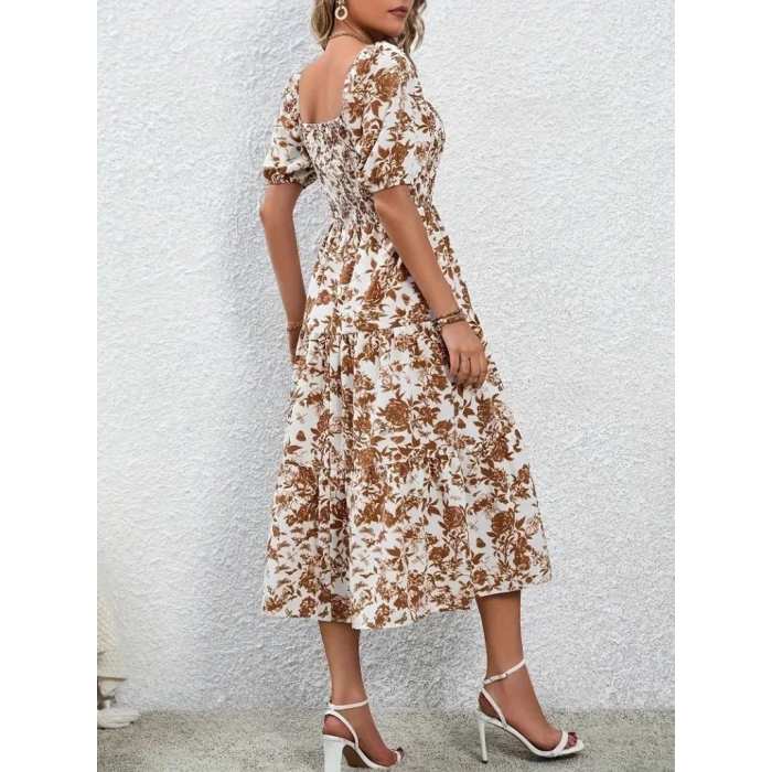 MARSiLYAN- Kadın Kısa Kollu Kare Yakalı Lastikli Desenli Süprem Elbise