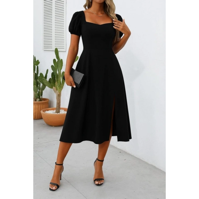 MARSiLYAN- Kadın Kısa Kollu Kare Yakalı Yırtmaçlı Midi Janjan Krep Elbise