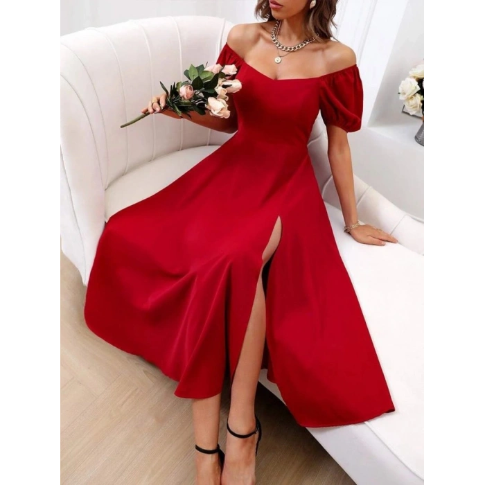 MARSiLYAN- Kadın Kısa Kollu Kare Yakalı Yırtmaçlı Midi Janjan Krep Elbise