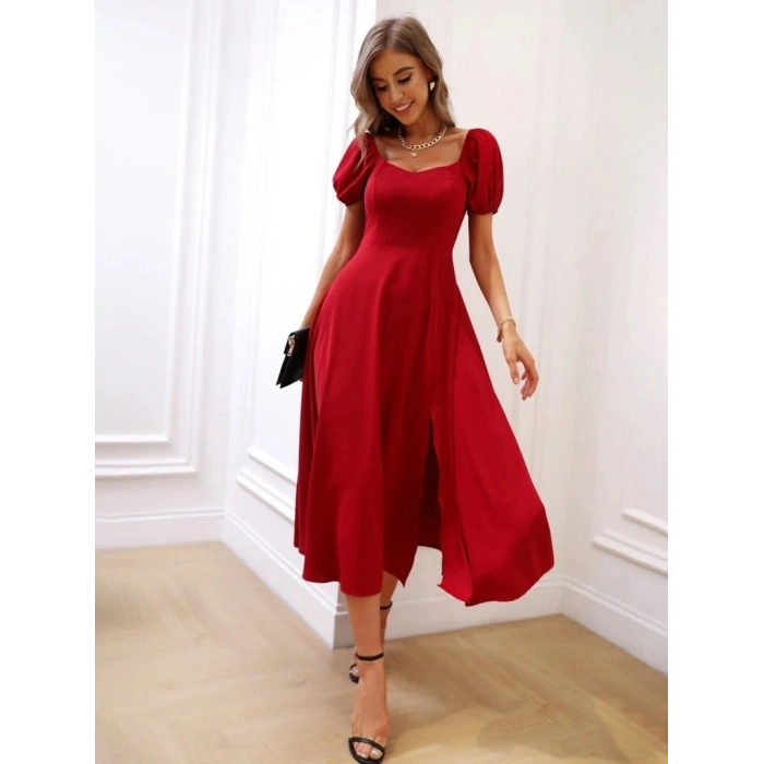 MARSiLYAN- Kadın Kısa Kollu Kare Yakalı Yırtmaçlı Midi Janjan Krep Elbise