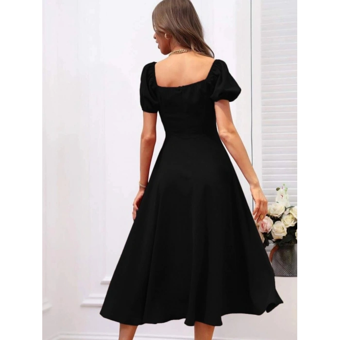 MARSiLYAN- Kadın Kısa Kollu Kare Yakalı Yırtmaçlı Midi Janjan Krep Elbise