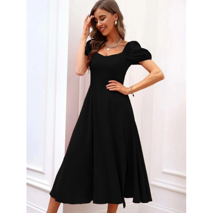 MARSiLYAN- Kadın Kısa Kollu Kare Yakalı Yırtmaçlı Midi Janjan Krep Elbise