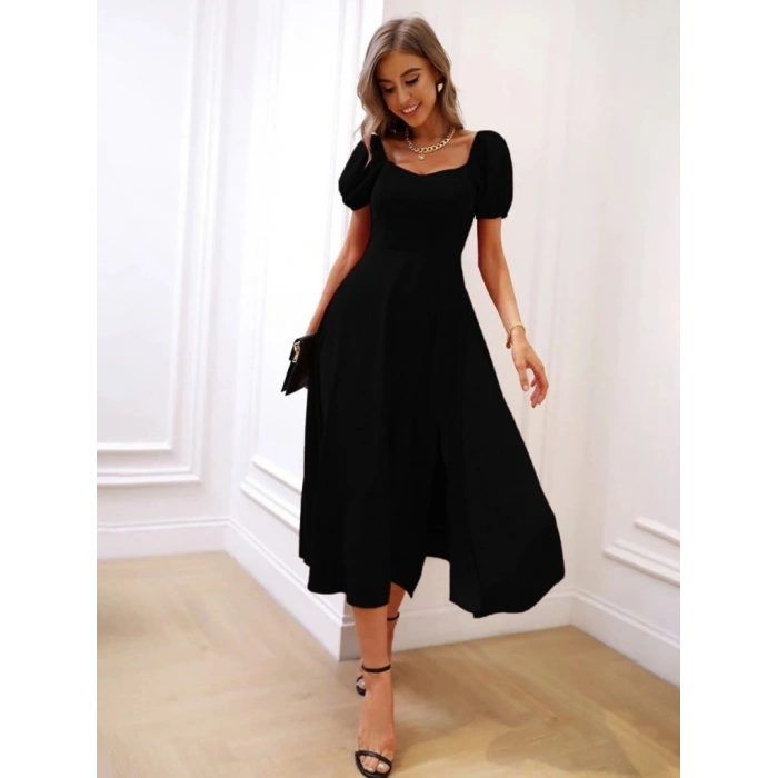 MARSiLYAN- Kadın Kısa Kollu Kare Yakalı Yırtmaçlı Midi Janjan Krep Elbise