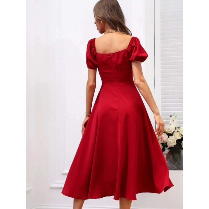 MARSiLYAN- Kadın Kısa Kollu Kare Yakalı Yırtmaçlı Midi Janjan Krep Elbise