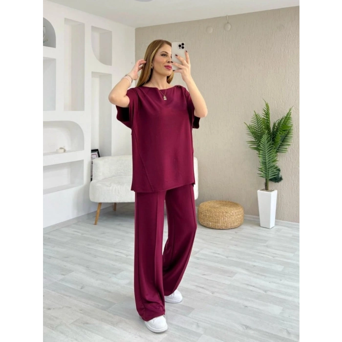 MARSiLYAN- Kadın Kısa Kollu Kayık Yakalı Dikiş Izi Detaylı Viskon Iki Iplik Bluz Ve Pantolon Ikili Takım