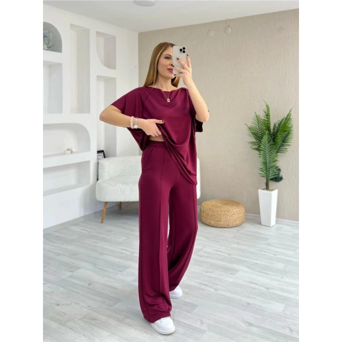 MARSiLYAN- Kadın Kısa Kollu Kayık Yakalı Dikiş Izi Detaylı Viskon Iki Iplik Bluz Ve Pantolon Ikili Takım