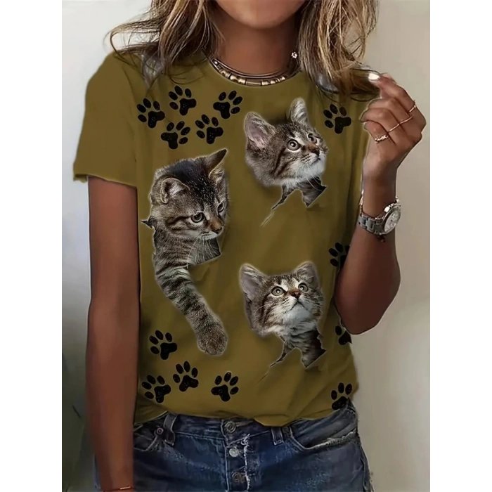 MARSiLYAN- Kadın Kısa Kollu Kedi Ve Pati Baskılı Süprem T-shirt