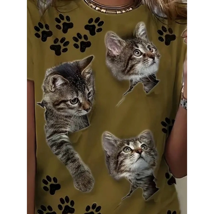 MARSiLYAN- Kadın Kısa Kollu Kedi Ve Pati Baskılı Süprem T-shirt