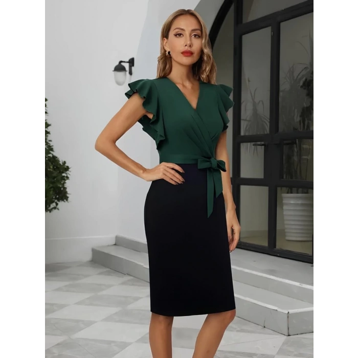 MARSiLYAN- Kadın Kısa Kollu Kruvaze Yaka Beli Kuşaklı Blok Desenli Ithal Krep Elbise