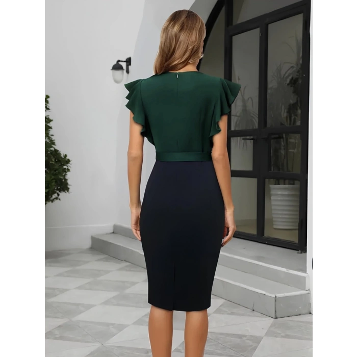 MARSiLYAN- Kadın Kısa Kollu Kruvaze Yaka Beli Kuşaklı Blok Desenli Ithal Krep Elbise