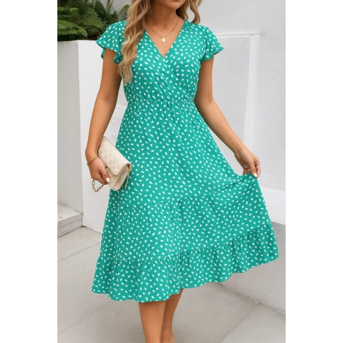 MARSiLYAN- Kadın Kısa Kollu Kruvaze Yaka Beli Lastikli çiçek Desenli Elbise