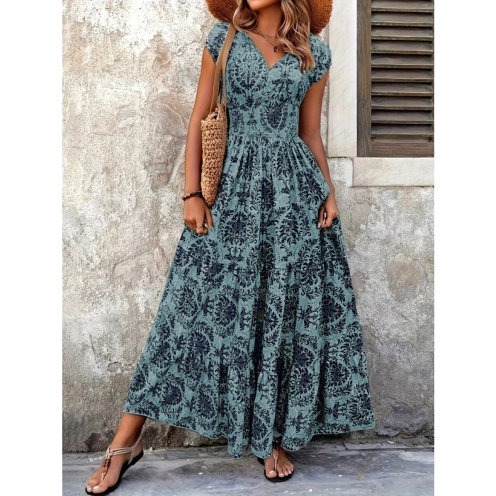 MARSiLYAN- Kadın Kısa Kollu Kruvaze Yaka Beli Lastikli Süprem Maksi Boy Elbise