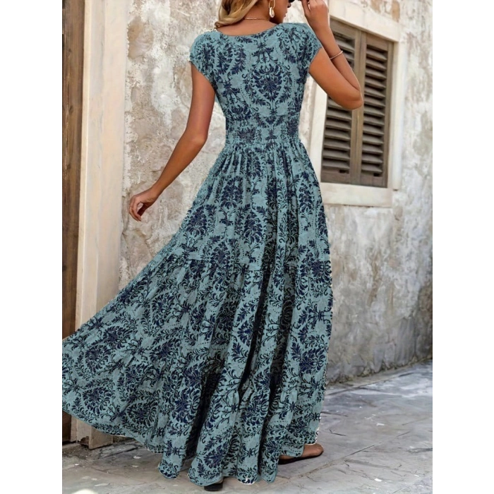 MARSiLYAN- Kadın Kısa Kollu Kruvaze Yaka Beli Lastikli Süprem Maksi Boy Elbise