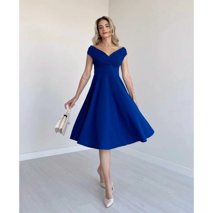 MARSiLYAN- Kadın Kısa Kollu Kruvaze Yaka Eteği Volanlı Krep Elbise