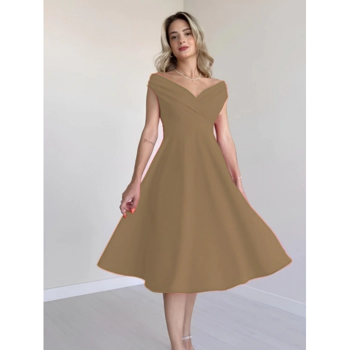 MARSiLYAN- Kadın Kısa Kollu Kruvaze Yaka Eteği Volanlı Krep Elbise