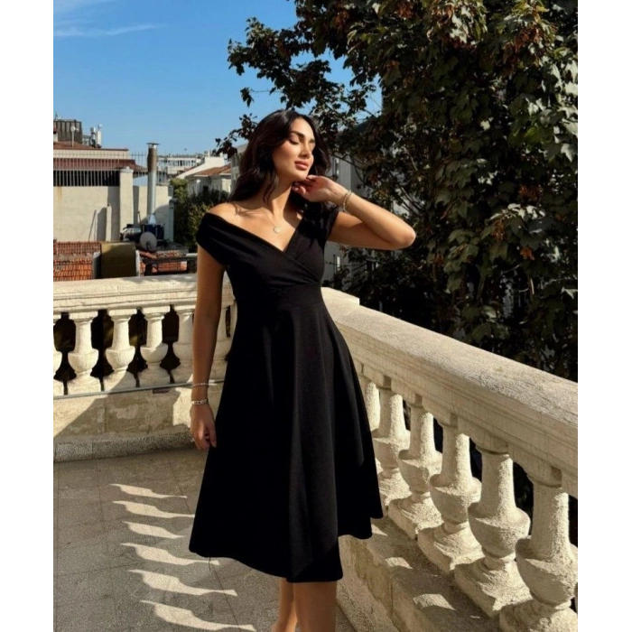 MARSiLYAN- Kadın Kısa Kollu Kruvaze Yaka Eteği Volanlı Krep Elbise