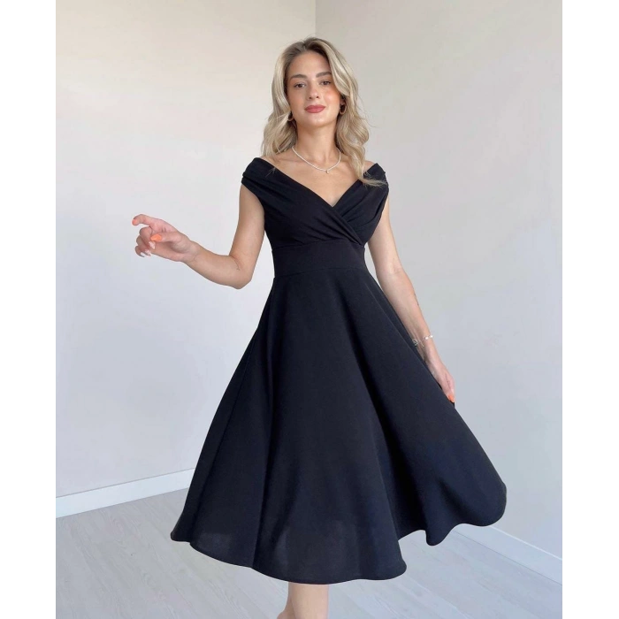 MARSiLYAN- Kadın Kısa Kollu Kruvaze Yaka Eteği Volanlı Krep Elbise