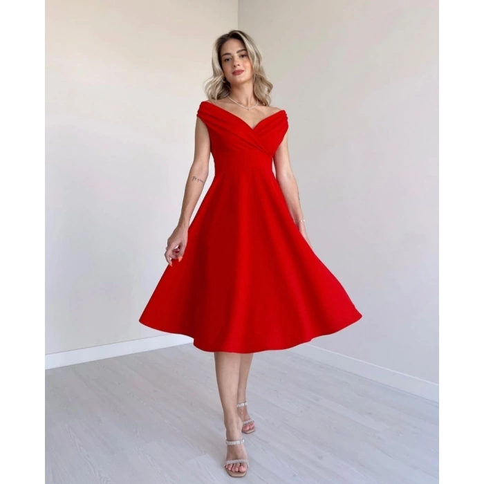 MARSiLYAN- Kadın Kısa Kollu Kruvaze Yaka Eteği Volanlı Krep Elbise