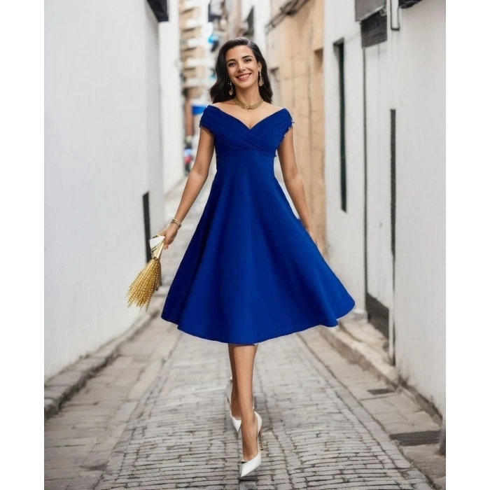 MARSiLYAN- Kadın Kısa Kollu Kruvaze Yaka Eteği Volanlı Krep Elbise