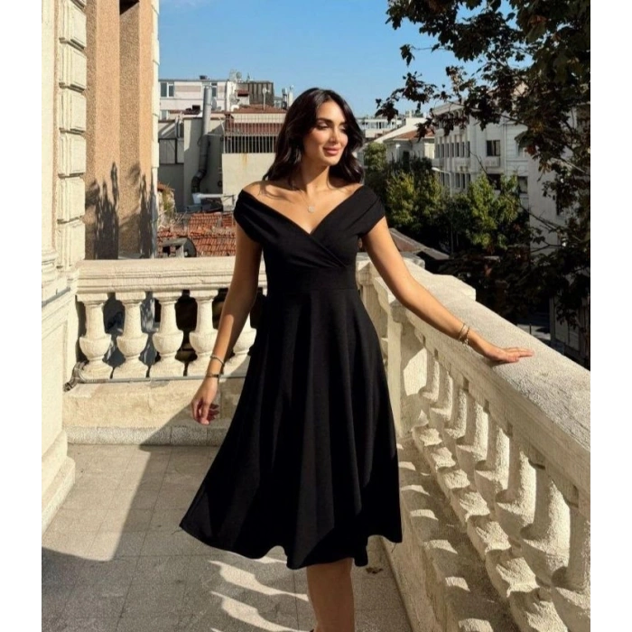 MARSiLYAN- Kadın Kısa Kollu Kruvaze Yaka Eteği Volanlı Krep Elbise