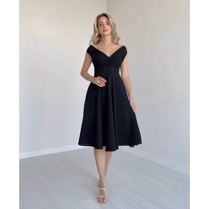 MARSiLYAN- Kadın Kısa Kollu Kruvaze Yaka Eteği Volanlı Krep Elbise