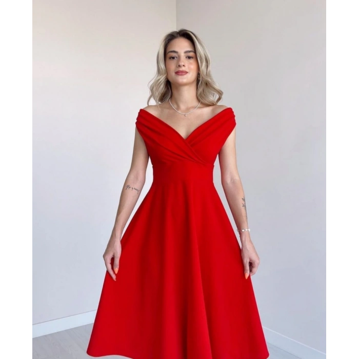 MARSiLYAN- Kadın Kısa Kollu Kruvaze Yaka Eteği Volanlı Krep Elbise