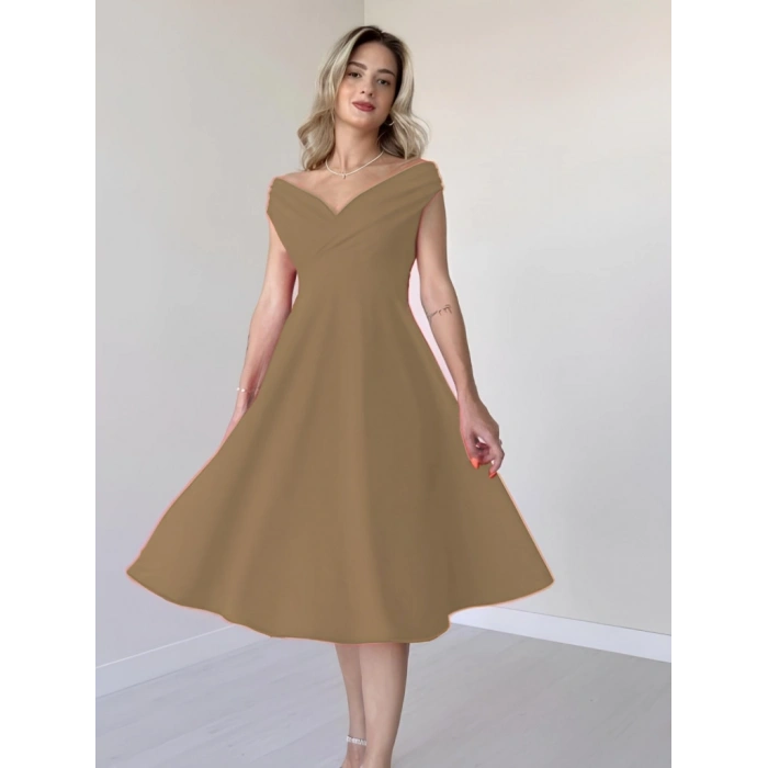 MARSiLYAN- Kadın Kısa Kollu Kruvaze Yaka Eteği Volanlı Krep Elbise