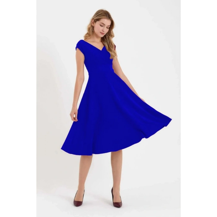 MARSiLYAN- Kadın Kısa Kollu Kruvaze Yaka Eteği Volanlı Krep Elbise