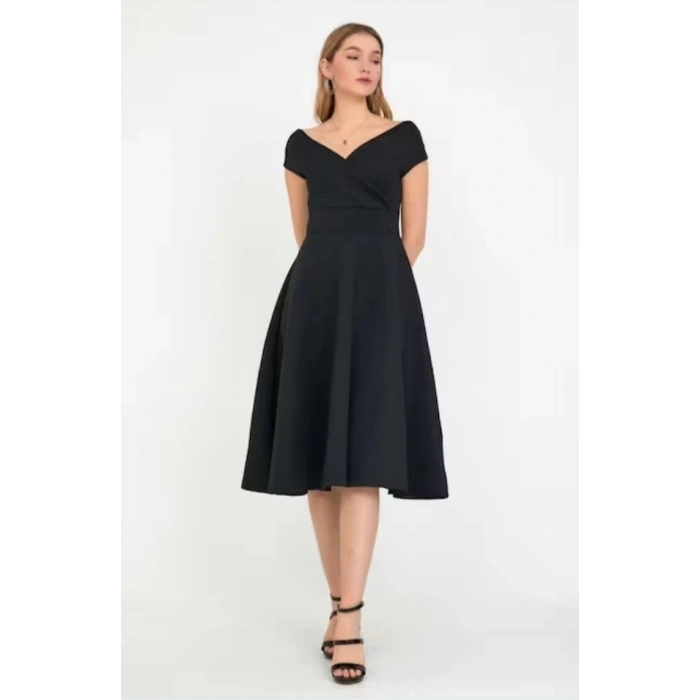 MARSiLYAN- Kadın Kısa Kollu Kruvaze Yaka Eteği Volanlı Krep Elbise