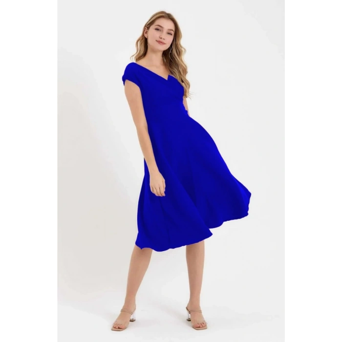 MARSiLYAN- Kadın Kısa Kollu Kruvaze Yaka Eteği Volanlı Krep Elbise