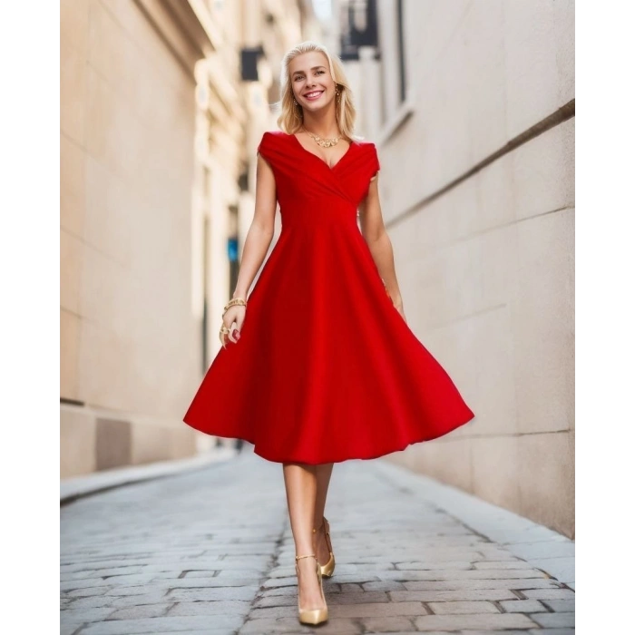 MARSiLYAN- Kadın Kısa Kollu Kruvaze Yaka Eteği Volanlı Krep Elbise