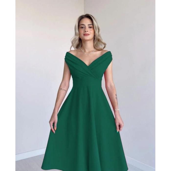 MARSiLYAN- Kadın Kısa Kollu Kruvaze Yaka Eteği Volanlı Krep Elbise