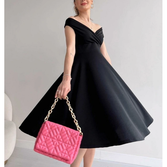 MARSiLYAN- Kadın Kısa Kollu Kruvaze Yaka Eteği Volanlı Krep Elbise