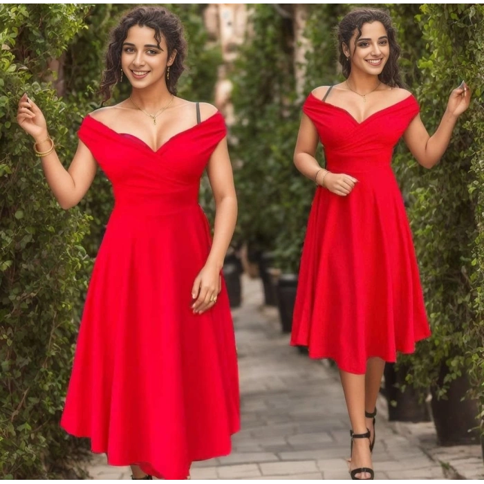 MARSiLYAN- Kadın Kısa Kollu Kruvaze Yaka Eteği Volanlı Krep Elbise