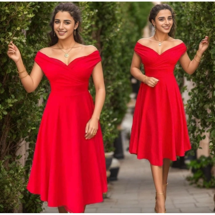 MARSiLYAN- Kadın Kısa Kollu Kruvaze Yaka Eteği Volanlı Krep Elbise