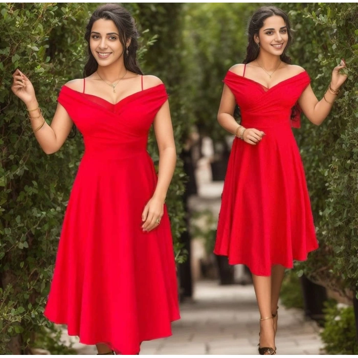 MARSiLYAN- Kadın Kısa Kollu Kruvaze Yaka Eteği Volanlı Krep Elbise