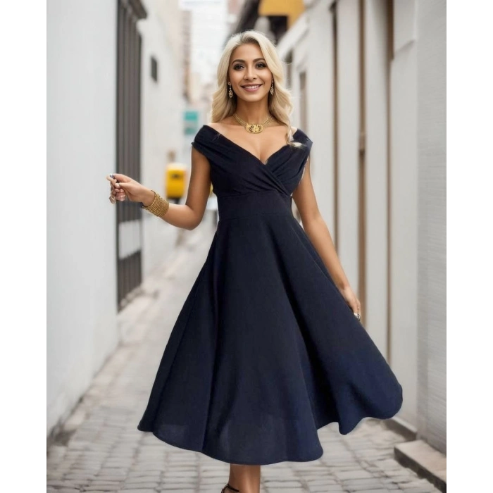 MARSiLYAN- Kadın Kısa Kollu Kruvaze Yaka Eteği Volanlı Krep Elbise