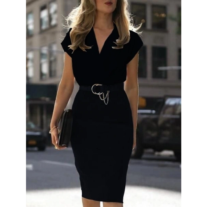 MARSiLYAN- Kadın Kısa Kollu Kruvaze Yaka Krep Elbise (Kemersiz)