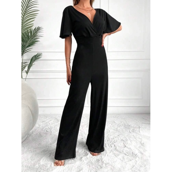 MARSiLYAN- Kadın Kısa Kollu Kruvaze Yaka Sırt Dekolteli Pegasus Kumaş Tulum