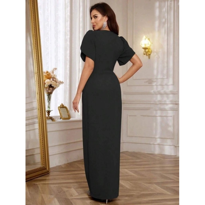 MARSiLYAN- Kadın Kısa Kollu Kruvaze Yakalı Belden çiçek Aksesuarlı Yırtmaçlı Ithal Krep Elbise