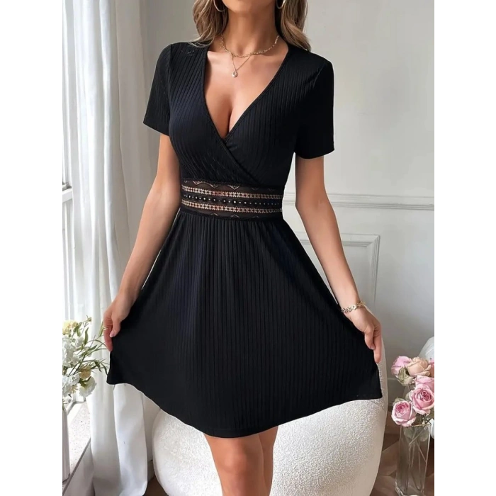 MARSiLYAN- Kadın Kısa Kollu Kruvaze Yakalı Belden Dantelli Kaşkorse Elbise