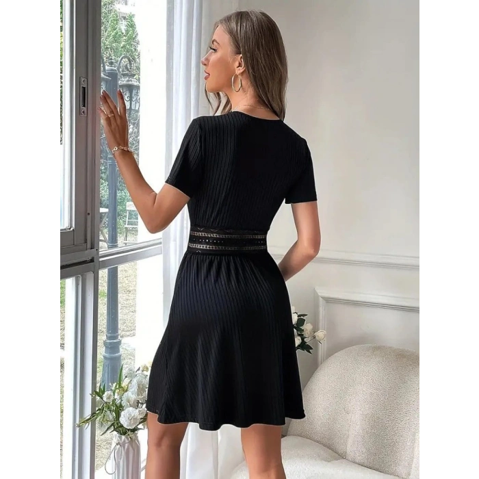 MARSiLYAN- Kadın Kısa Kollu Kruvaze Yakalı Belden Dantelli Kaşkorse Elbise